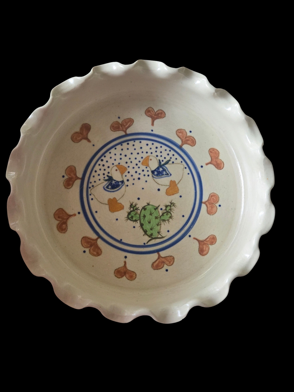 Hand-Painted Cream Ceramic Decorative Geese Pie Plate